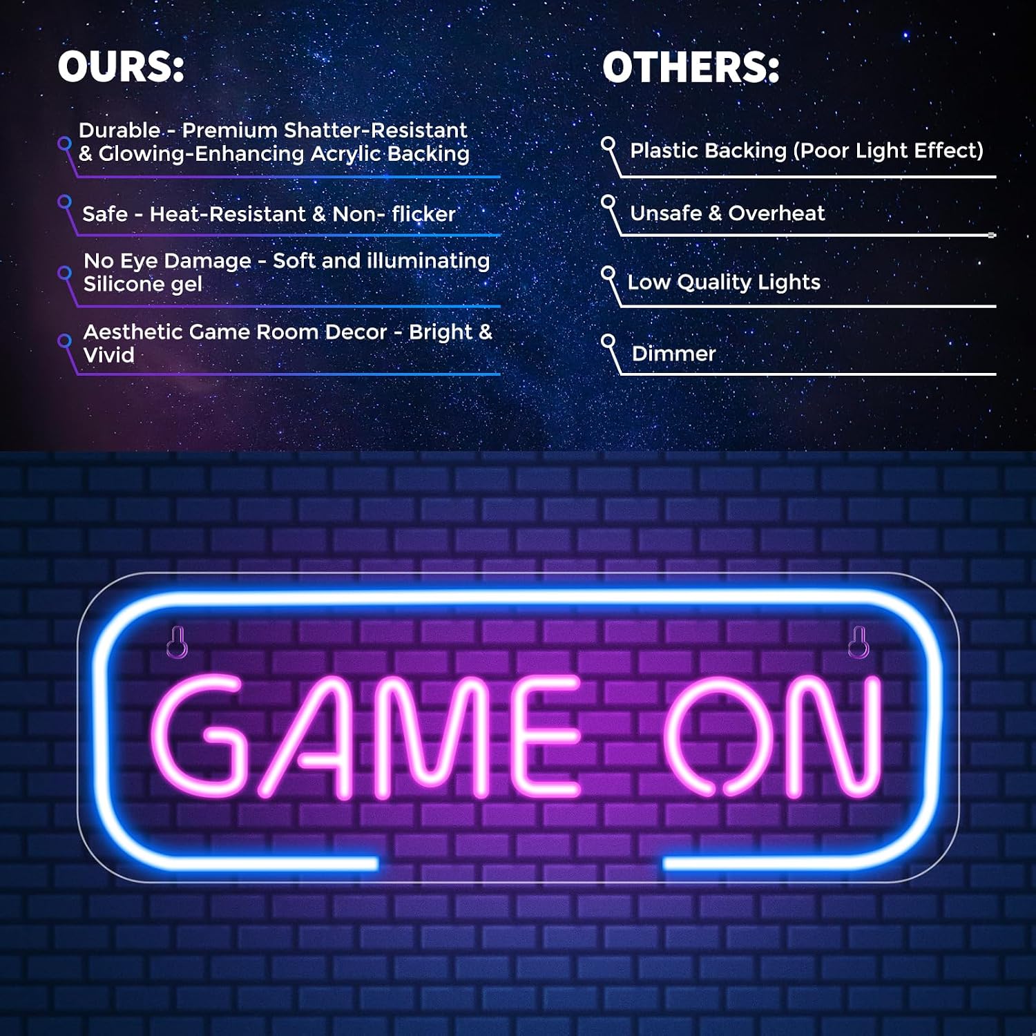 Good Vibes LED Sign – GAME ON Silicone Neon Sign – 15.7×5.6 Inch | 5V USB Powered Dimmable Blue & Pink Glow LED Wall Light | Neon Lamp with Accessories Included | Hanging Gaming Decor for Gaming Room, Bedroom, Setup & Party Spaces