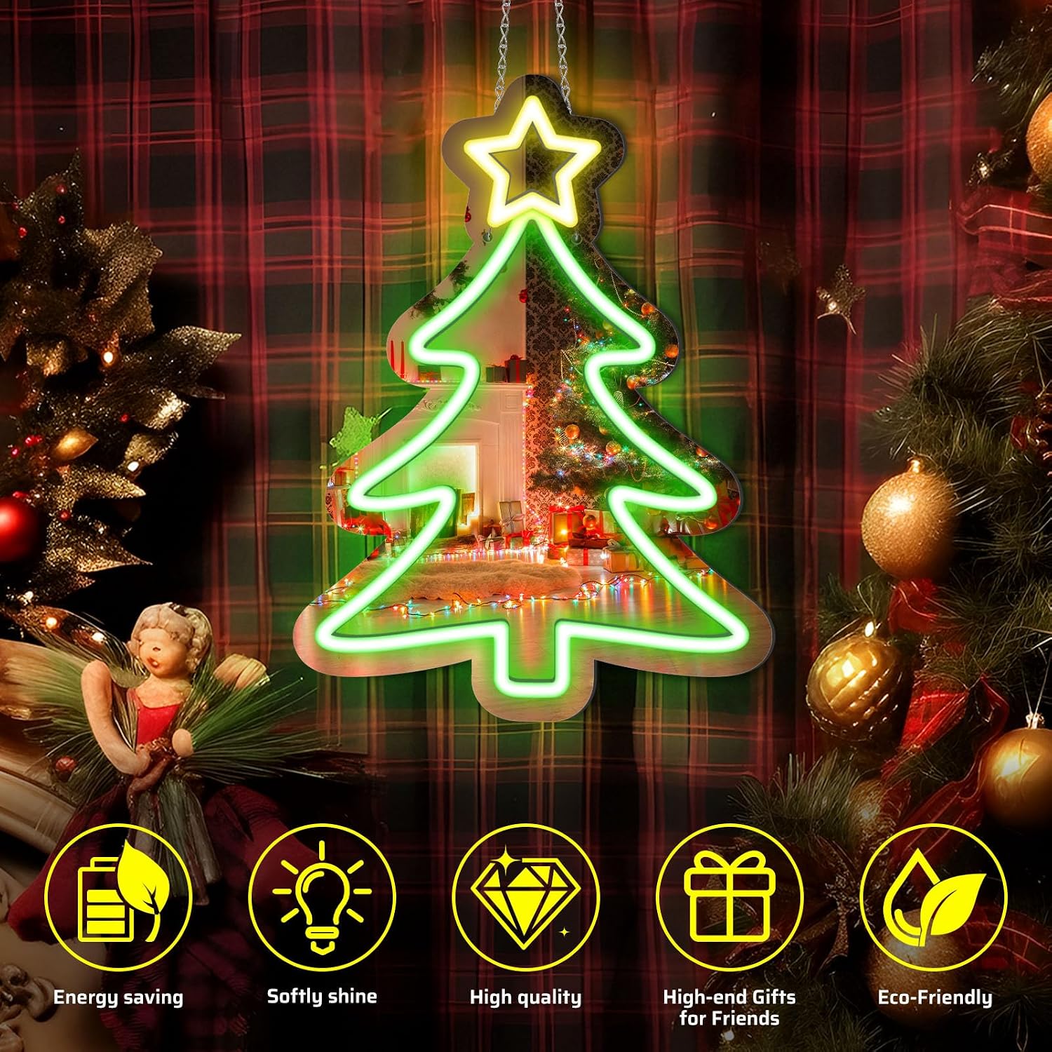 Good Vibes LED Sign – Christmas Tree Silicone Neon Sign – 16×12 Inch | 5V USB Powered Dimmable Green & Yellow Glow LED Wall Light | Neon Lamp with Accessories Included | Hanging Holiday Decor for Christmas Party, Bedroom & Home Spaces