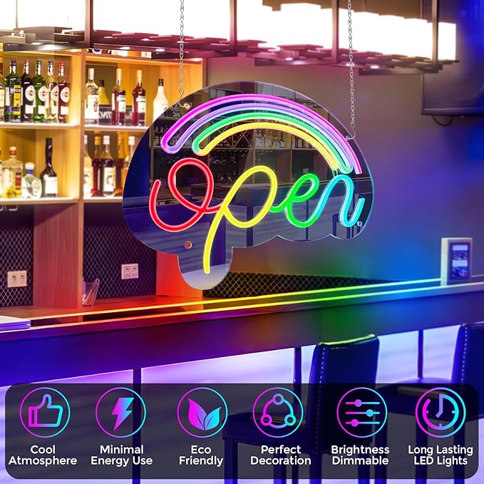 LED Open Neon Sign, Dimmable Open Signs for Business with ON/OFF Switch, 17"x12", 5V USB Powered Rainbow LED Neon Light Sign for Wall Decor, Shop, Bar, Home