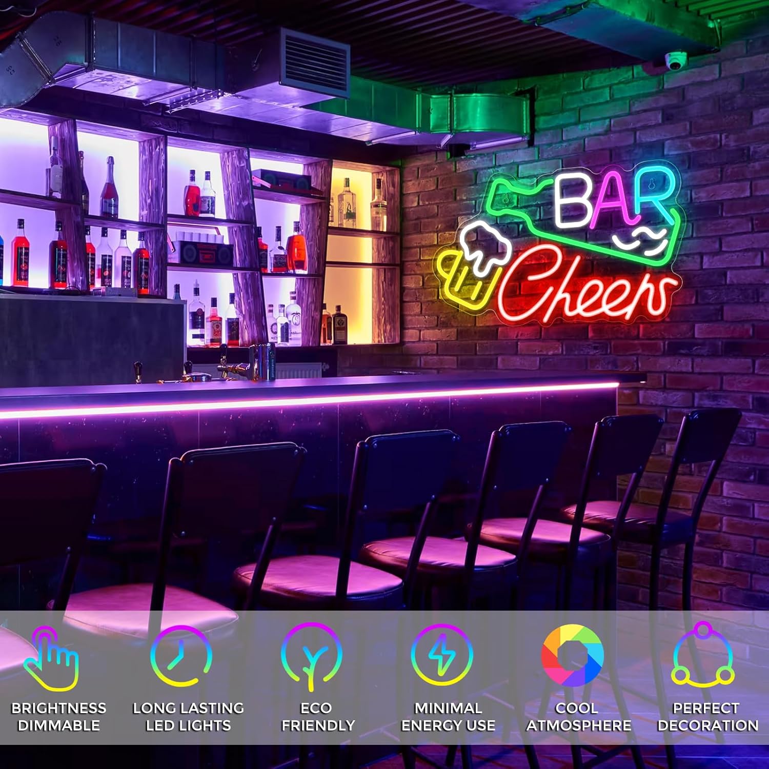Panneau LED « Bar Cheers » – 41,9 × 24,9 cm | Éclat multicolore | Alimentation USB | Suspension | Idéal pour un éclairage d'ambiance dans un bar, un pub, un salon, une discothèque ou une fête