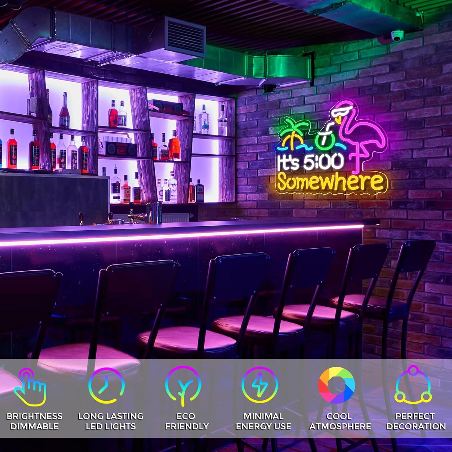 LED-Schild „Irgendwo ist es 5 Uhr“ – 16,1 × 12,6 Zoll | Mehrfarbiges Leuchten | USB-betrieben | Hängend | Ideal für Bar, Pub, Lounge, Nachtclub, Party-Stimmungsbeleuchtung