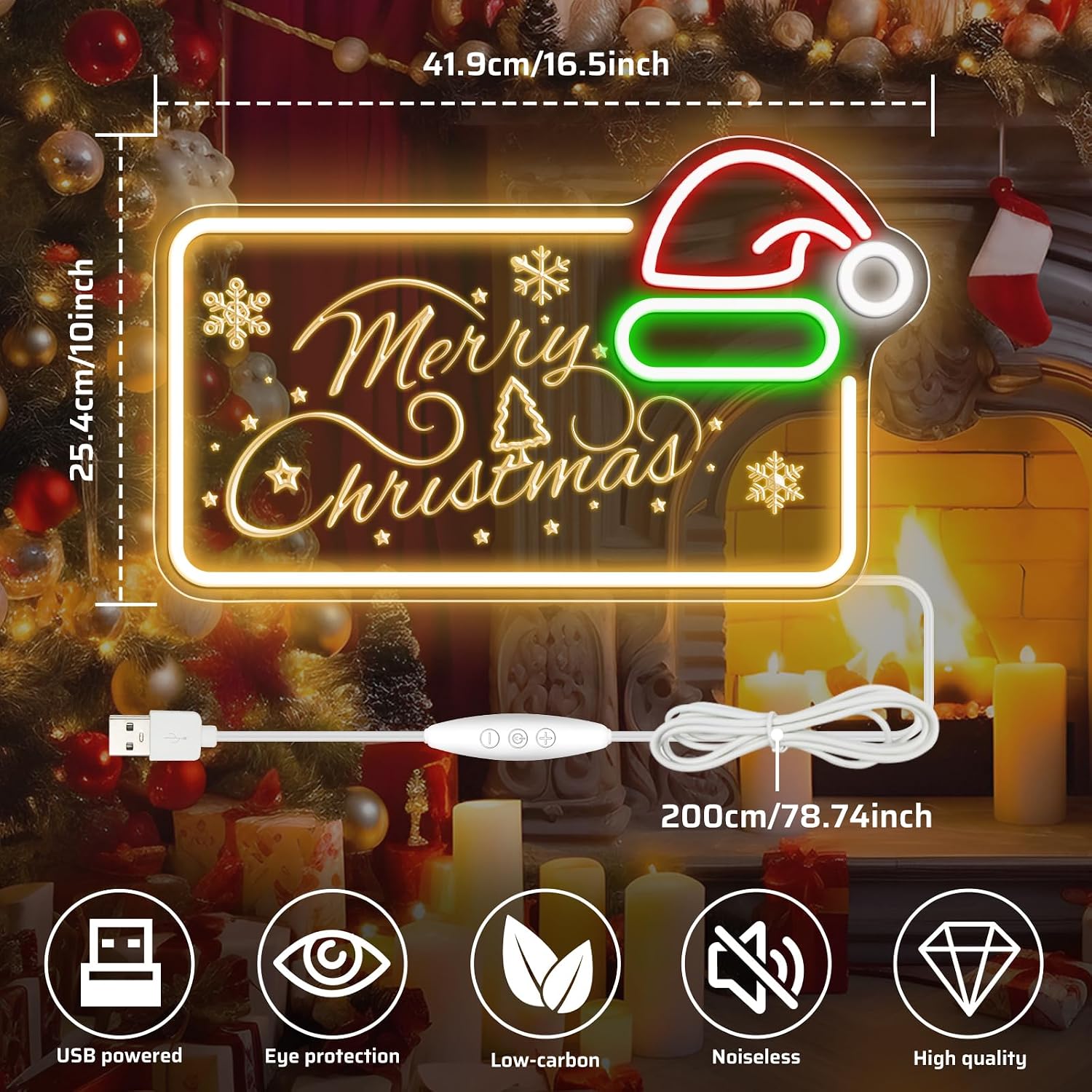 Good Vibes LED Sign – MERRY CHRISTMAS Silicone Neon Sign with Santa Hat – 16.5×10 Inch Yellow, Red, Green & White Glow Neon Lamp with Accessories Included | Hanging Holiday Decor for Christmas Party, Bedroom & Home Spaces