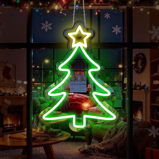 Good Vibes LED Sign – Christmas Tree Silicone Neon Sign – 16×12 Inch | 5V USB Powered Dimmable Green & Yellow Glow LED Wall Light | Neon Lamp with Accessories Included | Hanging Holiday Decor for Christmas Party, Bedroom & Home Spaces