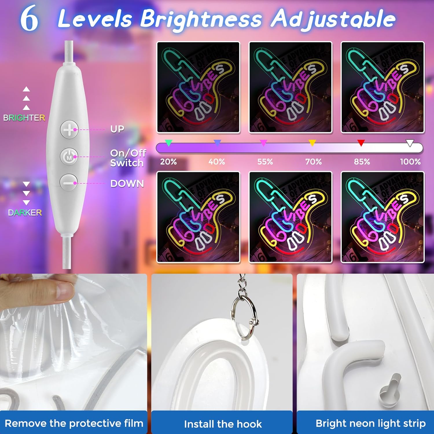 Panneau LED « Good Vibes » – Panneau « Main cool » | 43 cm x 33 cm | Néon USB pour décoration murale | À suspendre | Idéal pour chambre, dortoir, salon, fête