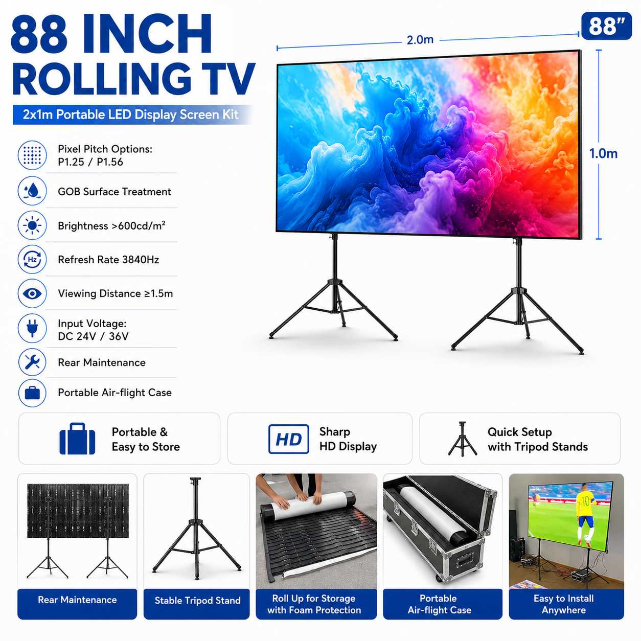 88 Inch Rolling TV P1.562 2x1 Meters 2SQM Portable LED Display Screen Kit