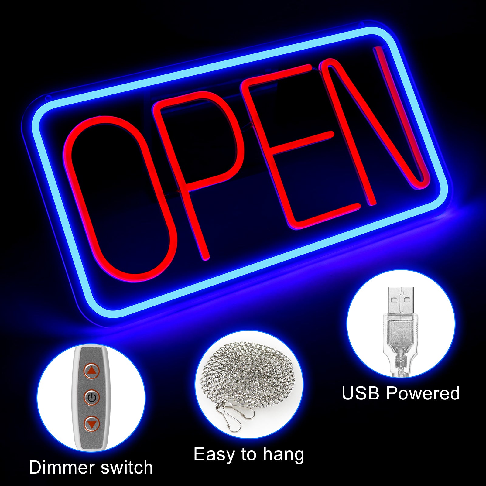 OPEN Neon Sign – USB Powered | 17×9 inch (44×24 cm) | 6 Color Options | LED Window Hanging Light for Storefronts