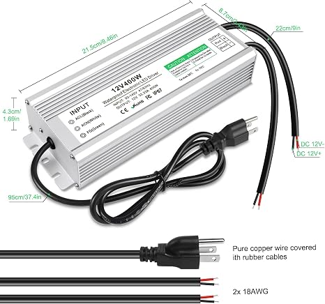 12V Waterproof LED Transformer, 90–140V Input, 200W–500W, Single/Dual Wire Output, Aluminum Housing, CE/RoHS/FCC — US Plug & Wire Leads Options