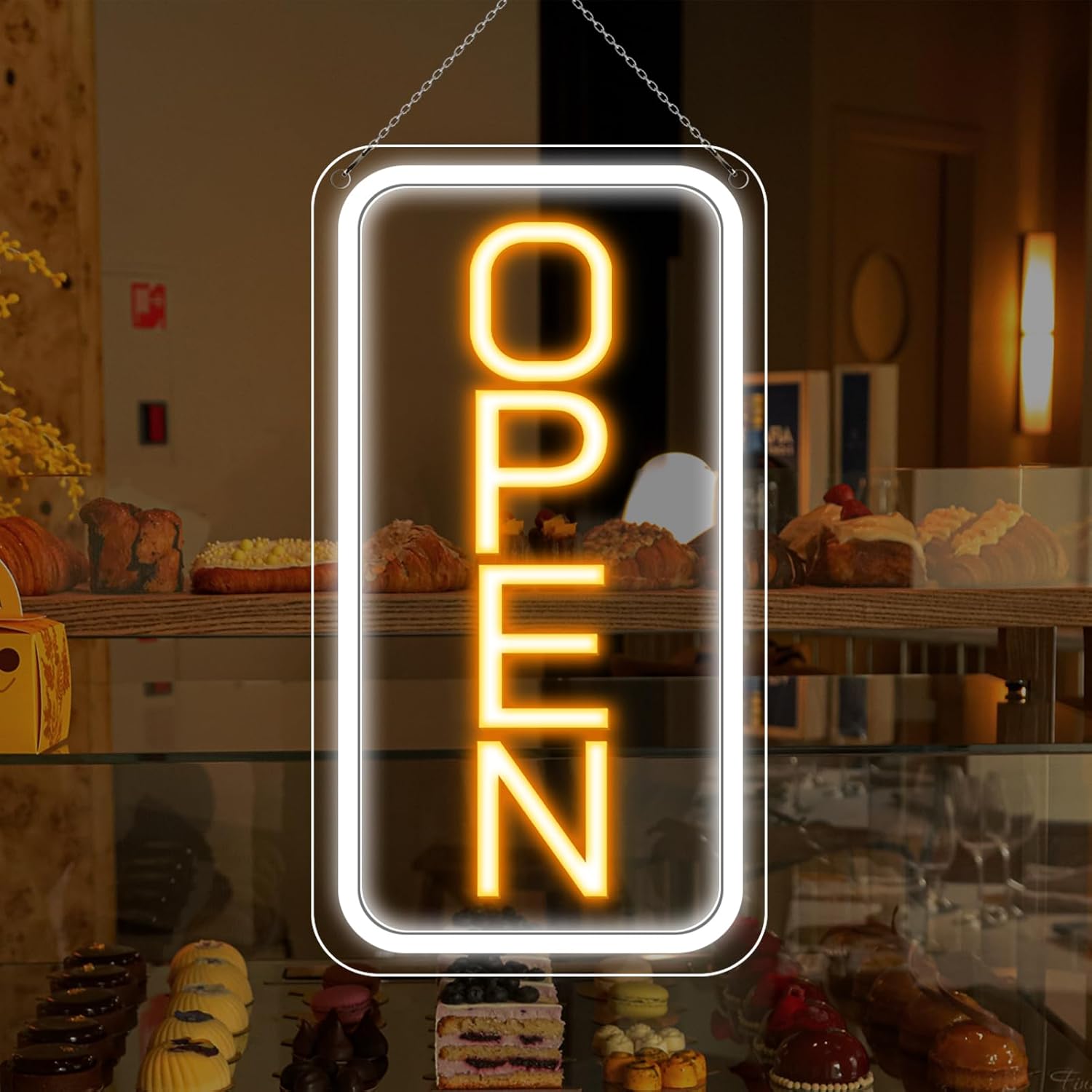 OPEN Neon LED Sign – Vertical Rectangular | 5 Glow Color Options | 16×9 / 23×12 inch | Window Hanging | Plug & Play for Storefronts