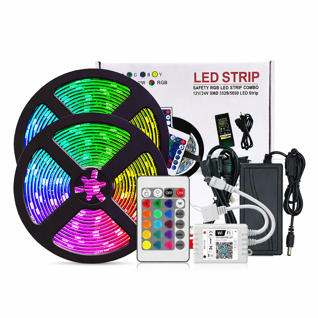 Smart WIFI SMD5050 150LEDs RGB LED Strip Light Kit - DC12V | 30 LEDs/M | 10mm PCB | IP00 / IP65 | 5M /10M | RGB Color Changing LED Strip Lights with Alexa, Google Assistant | App Control & 24 Keys Controller + Power Supply | 5/10M