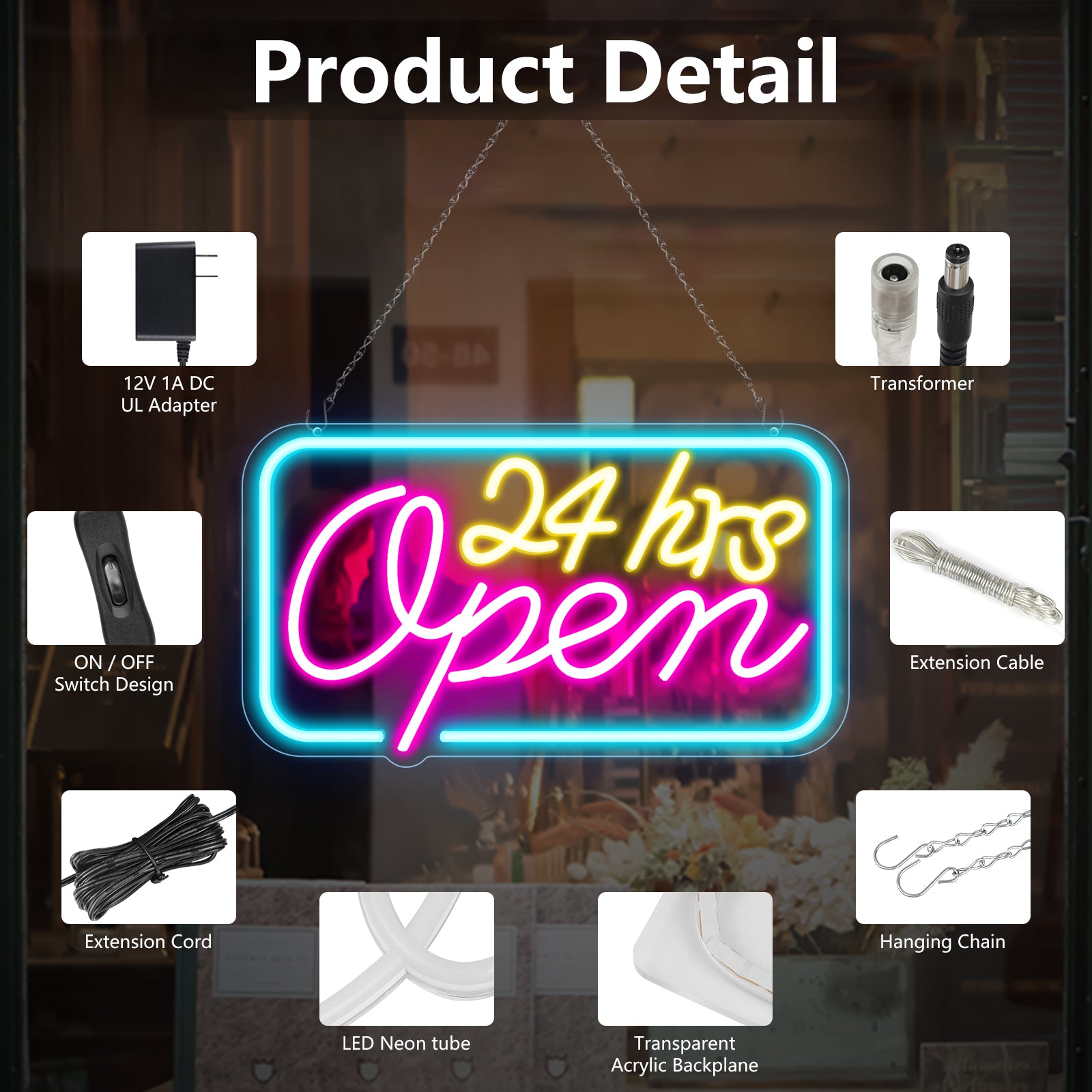 Enseigne néon « Ouvert 24h/24 » – Bleu glacier, jaune et violet | 40 x 23 cm | Suspension lumineuse pour vitrine de magasin ouverte 24h/24, prête à l'emploi