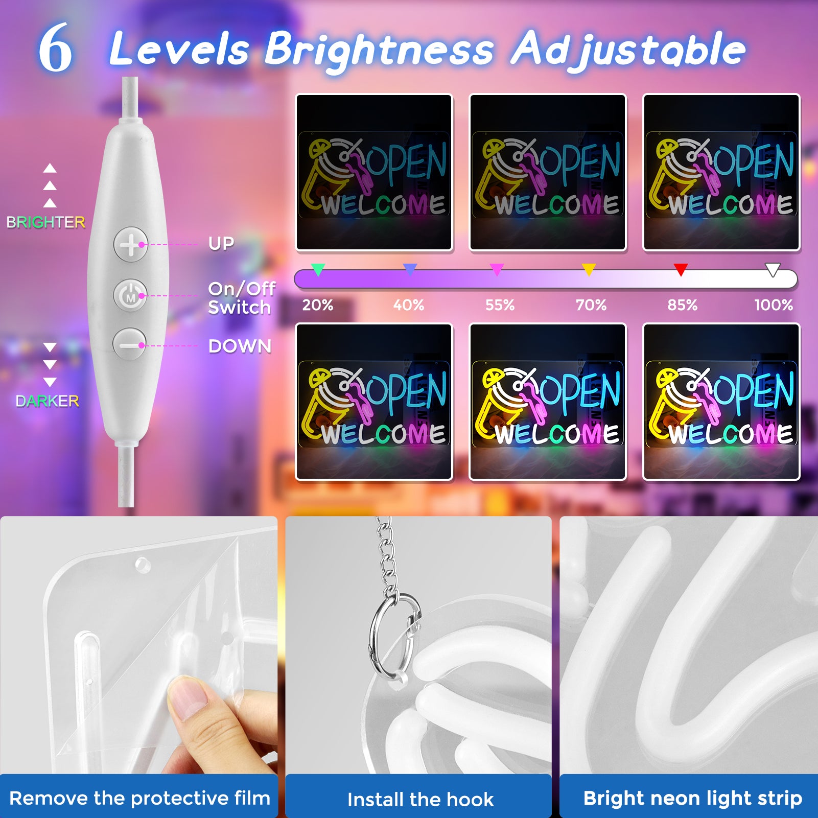 Neonschild „OPEN WELCOME“ – USB-betrieben | 41×23 cm (16×9 Zoll) | Mehrfarbiges Leuchten | LED-Fensterlicht mit Cocktail-Design für Bar, Café, Schaufenster
