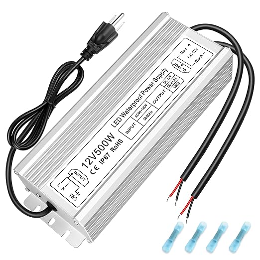 12V Waterproof LED Transformer, 90–140V Input, 200W–500W, Single/Dual Wire Output, Aluminum Housing, CE/RoHS/FCC — US Plug & Wire Leads Options