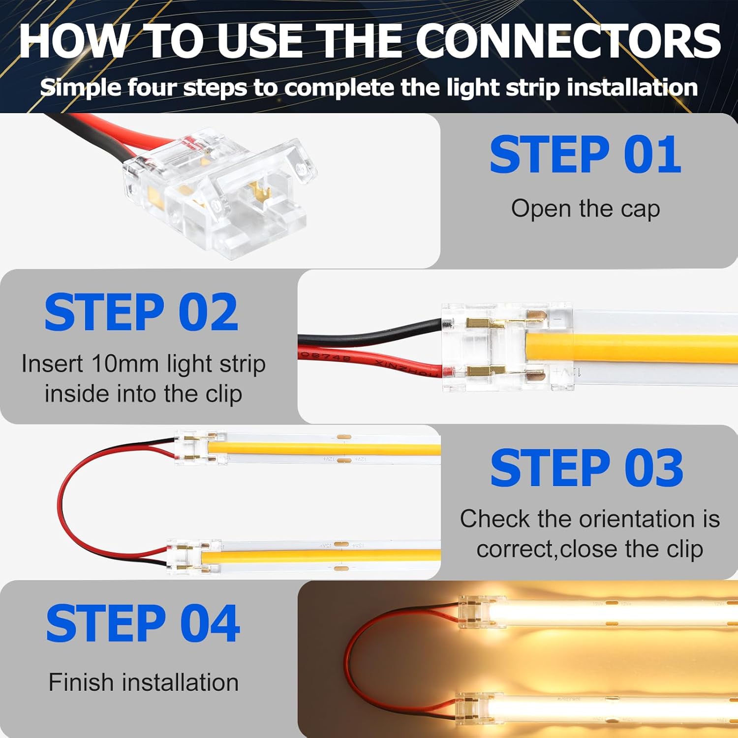 Connecteurs pour bandes LED transparentes en cristal – Clips sans soudure 10 mm 2 broches | Adaptateur bande à fil / bande à bande / CC – Stock local États-Unis/Royaume-Uni