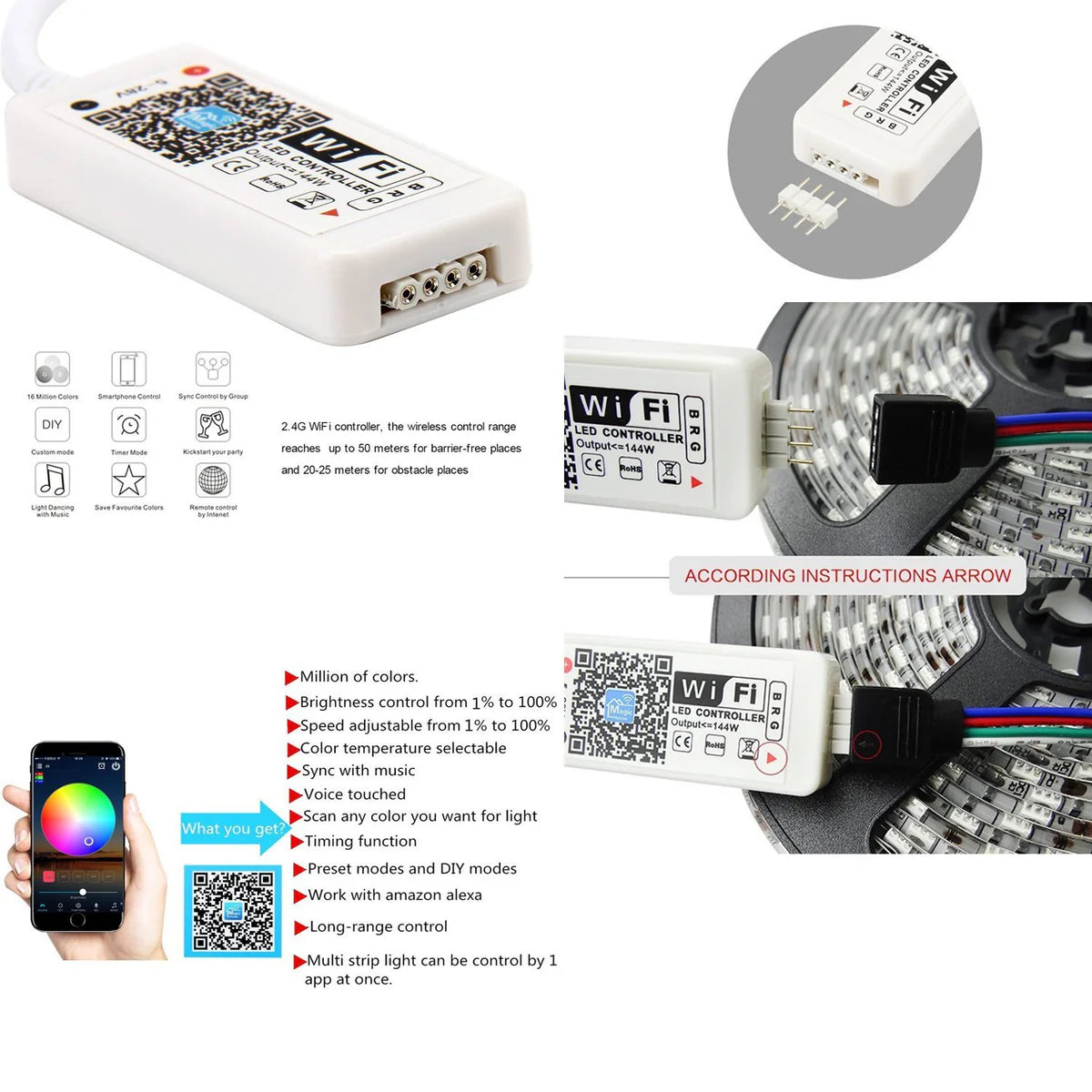 32,8 Fuß/10 m RGB-LED-Streifen-Lichtset, SMD5050 30 LEDs/m, Bluetooth kabellos, Smart-App-Steuerung