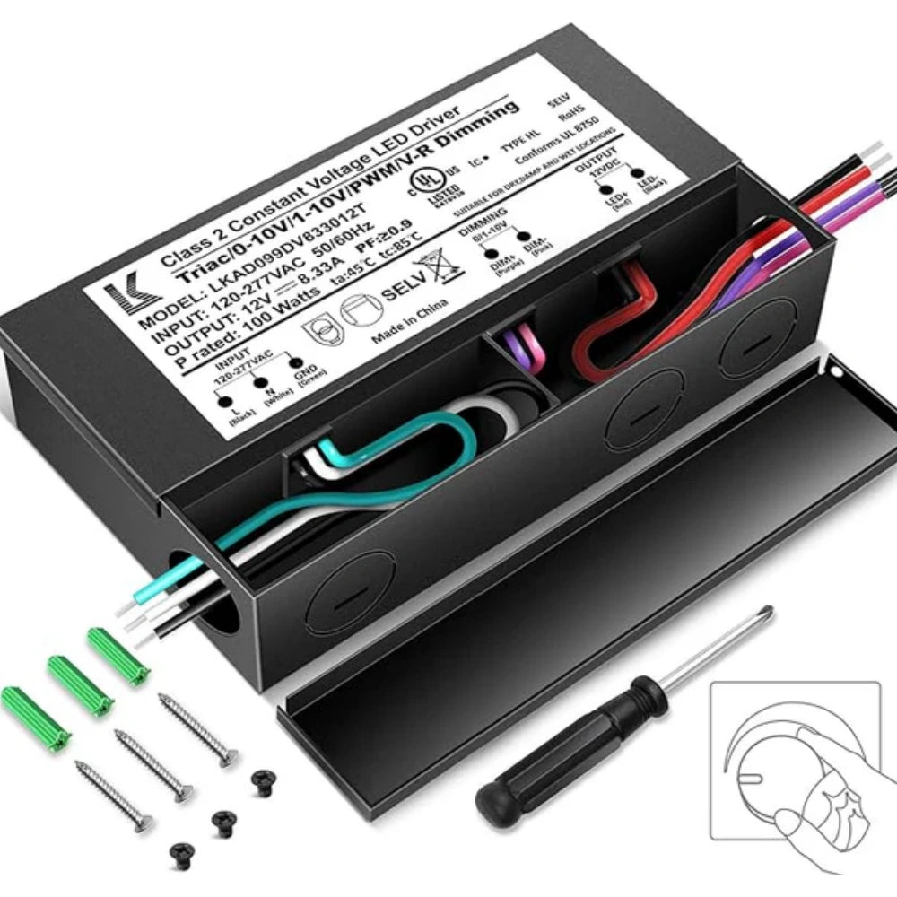 12V DC 5-in-1 Dimmable LED Power Supply, 60W/100W/200W, UL Listed, AC 120–277V Input, Waterproof Driver for Traic/ELV/0-10V/PWM/Resistive Control