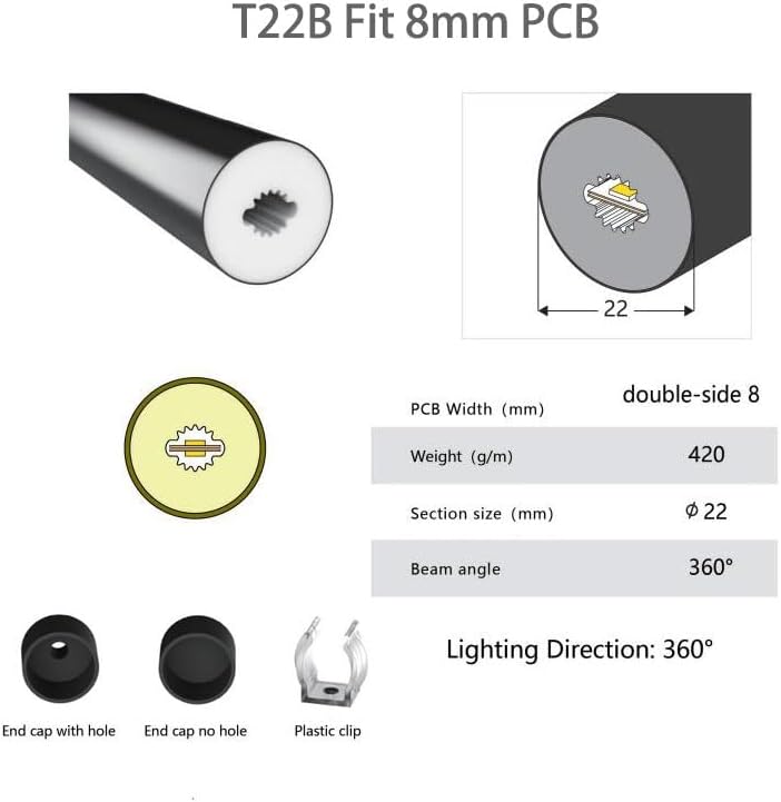 Neon Light Housing – S22D | ⏀22mm Silicone LED Channel System | IP67 Waterproof | 6mm PCB Width | 164FT/50M | Local Stock US/UK/DE