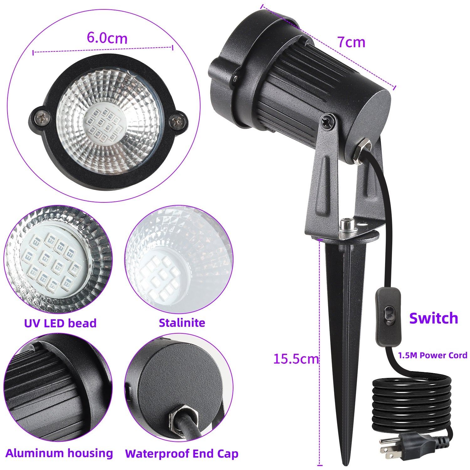 2Pack Black Light 12W AC85-265V IP66 Waterproof UV 395-400nm Purple Led Lights Lawn Light Spotlight for Stage Lighting Glow Party Room Fluorescent All Hallows' Day