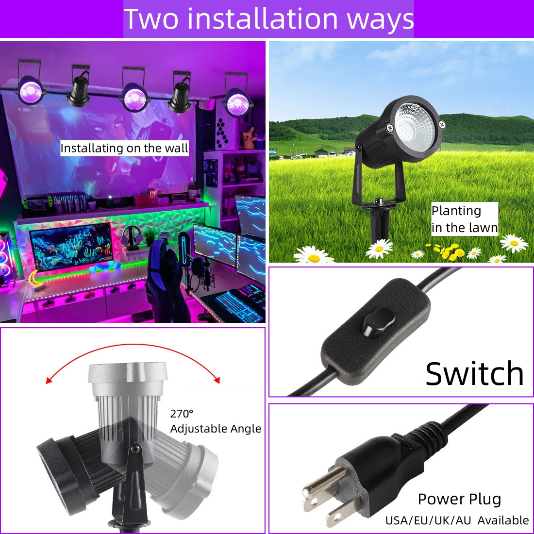 2Pack Black Light 12W AC85-265V IP66 Waterproof UV 395-400nm Purple Led Lights Lawn Light Spotlight for Stage Lighting Glow Party Room Fluorescent All Hallows' Day