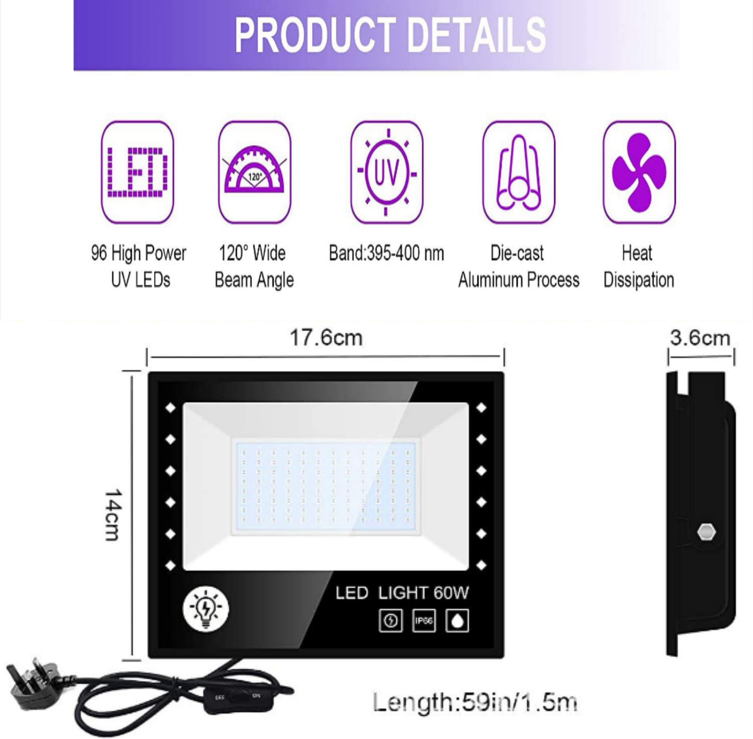 2 Pack Black Lights - 60W 395-400nm AC85-265V Upgraded LED Flood Light with Switch, Waterproof IP66 for Glow Party, Stage Lighting, Aquarium, Glow in The Dark, Body Paint, Fluorescent Poster, Neon Glow