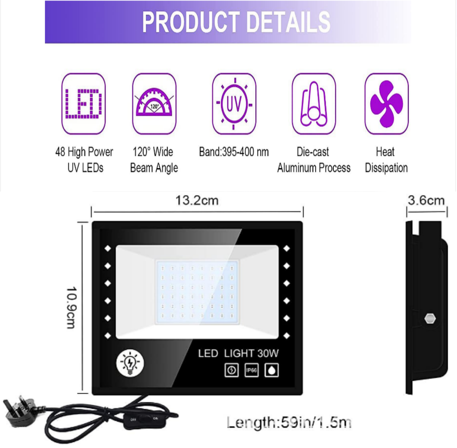 2 Pack Black Lights - 30W 395-400 nm AC85-265V Upgraded LED Flood Light with Switch, Waterproof IP66 for Glow Party, Stage Lighting, Aquarium, Glow in The Dark, Body Paint, Fluorescent Poster, Neon Glow
