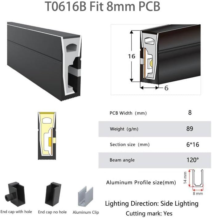 Neon Light Housing – S0616 Black Side Edge Lighting | 6x16mm Silicone LED Channel System | IP67 Waterproof | 8mm PCB Width | 164FT/50M | Local Stock US/UK/DE