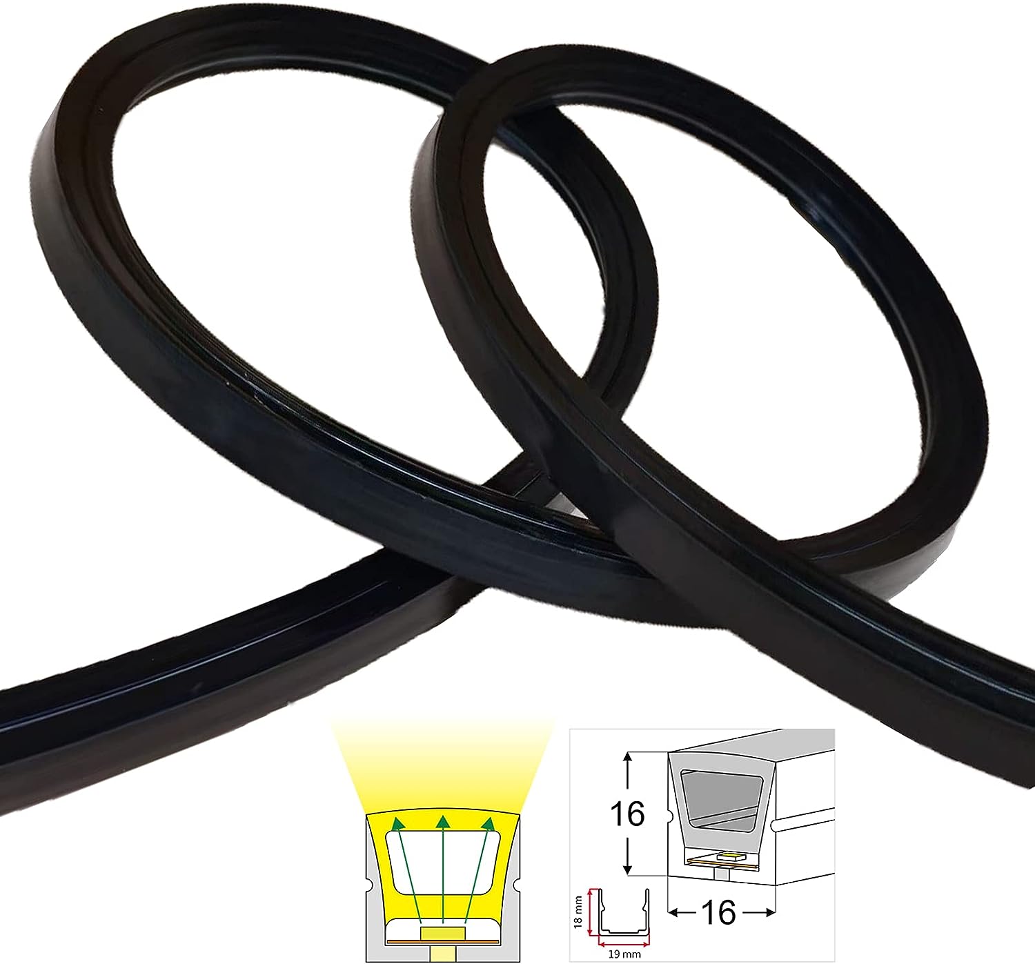 Neon Light Housing – S1616 Black | 16x16mm Silicone LED Channel System | IP67 Waterproof | 10mm PCB Width | 164FT/50M