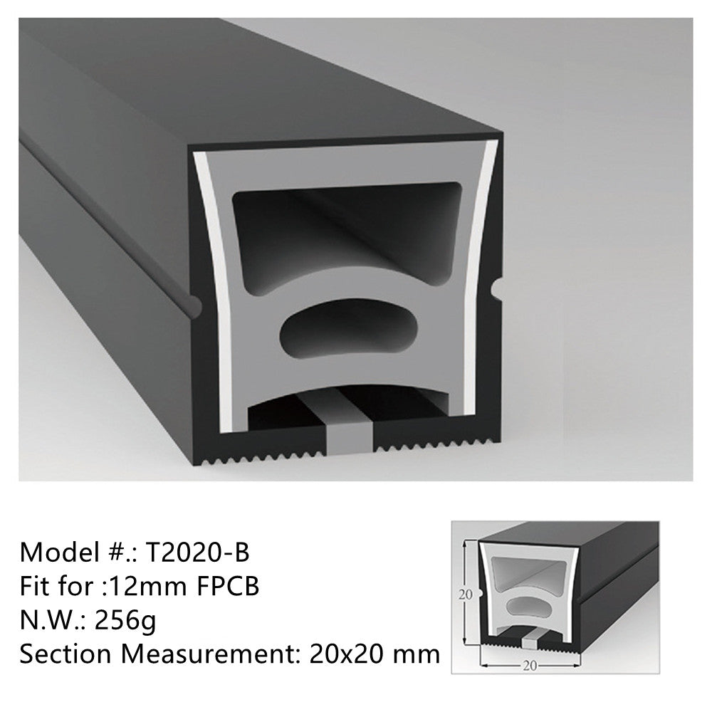 Neon Light Housing – S2020 Black | 20x20mm Silicone LED Channel System | IP67 Waterproof | 12mm PCB Width | 164FT/50M | Local Stock US/UK/DE