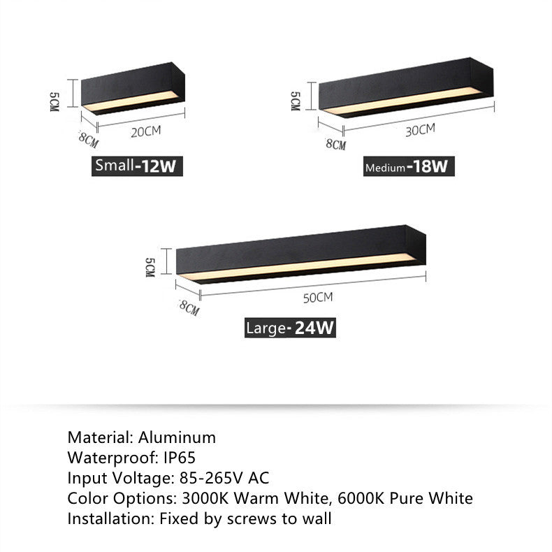 Outdoor LED Wall Light, Long Black Aluminum LED Wall Sconces IP65 Waterproof Square Aluminum Wall Lamps