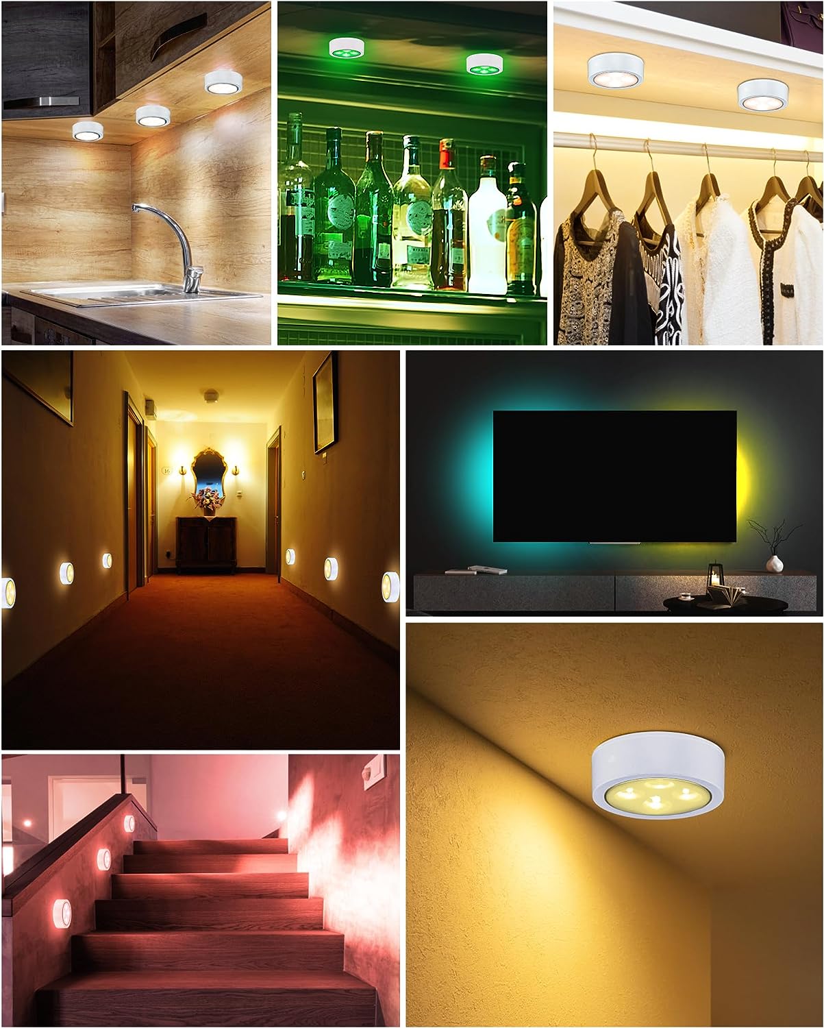 6 Pack LED Puck Lights with Remote, White Finish RGBW Color Changing Under Cabinet Lights Wireless,13 Colors Changeable LED Closet Light Dimmable,AA Battery Operate Push Night Lights with Timer Function