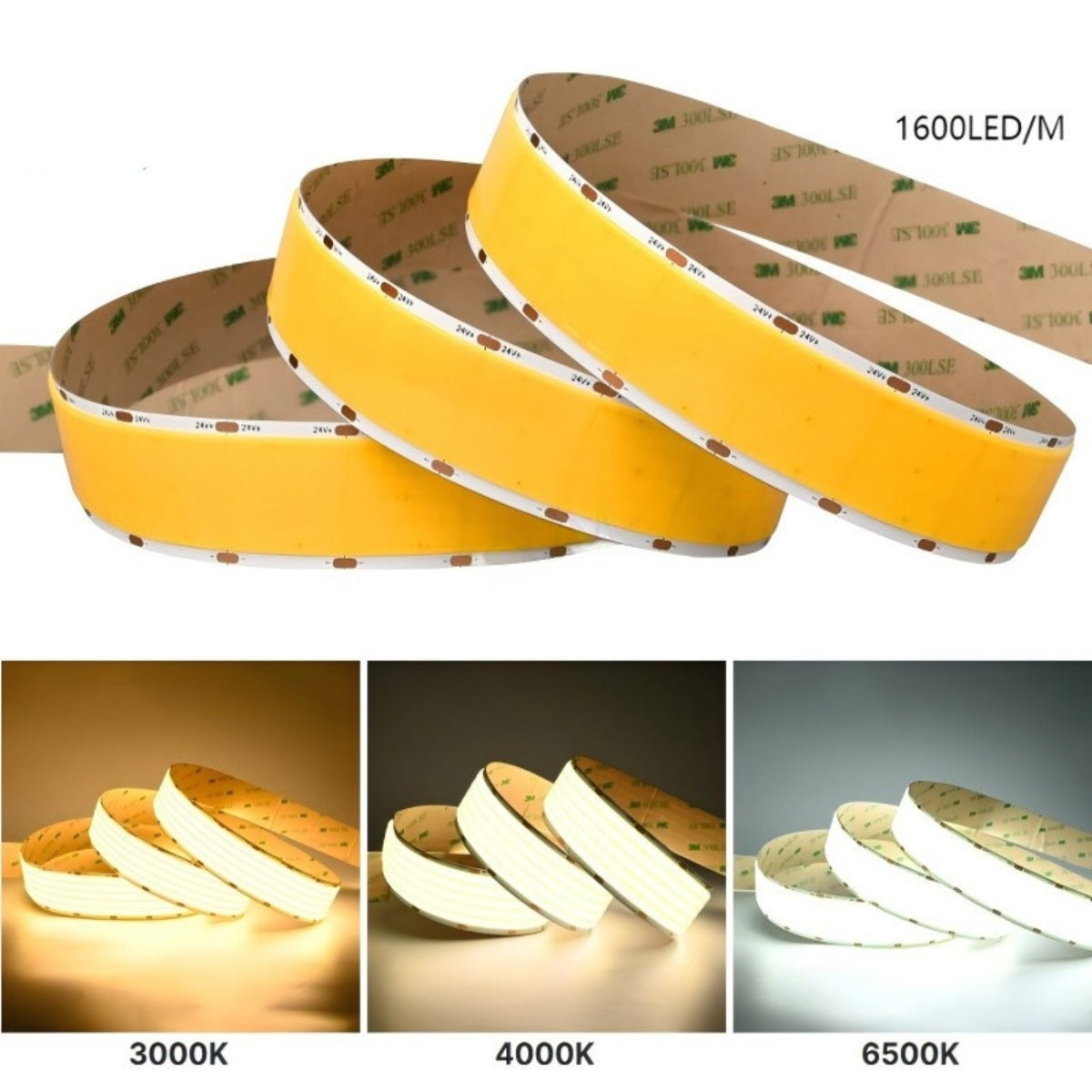FCOB Ultra High-Density LED Strip Light | 5m (16.4ft) Roll | CRI90 | 3000K / 4000K / 6500K | 1600 LEDs/m | 40W | 24V DC | 30mm Wide | Dimmable Indoor IP00 Ribbon Lighting