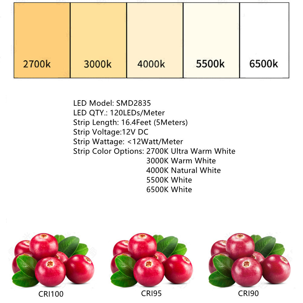 Bande lumineuse LED flexible SMD2835 600 LED 12 V 60 W, 5 mètres, couleur réelle, IRC95+
