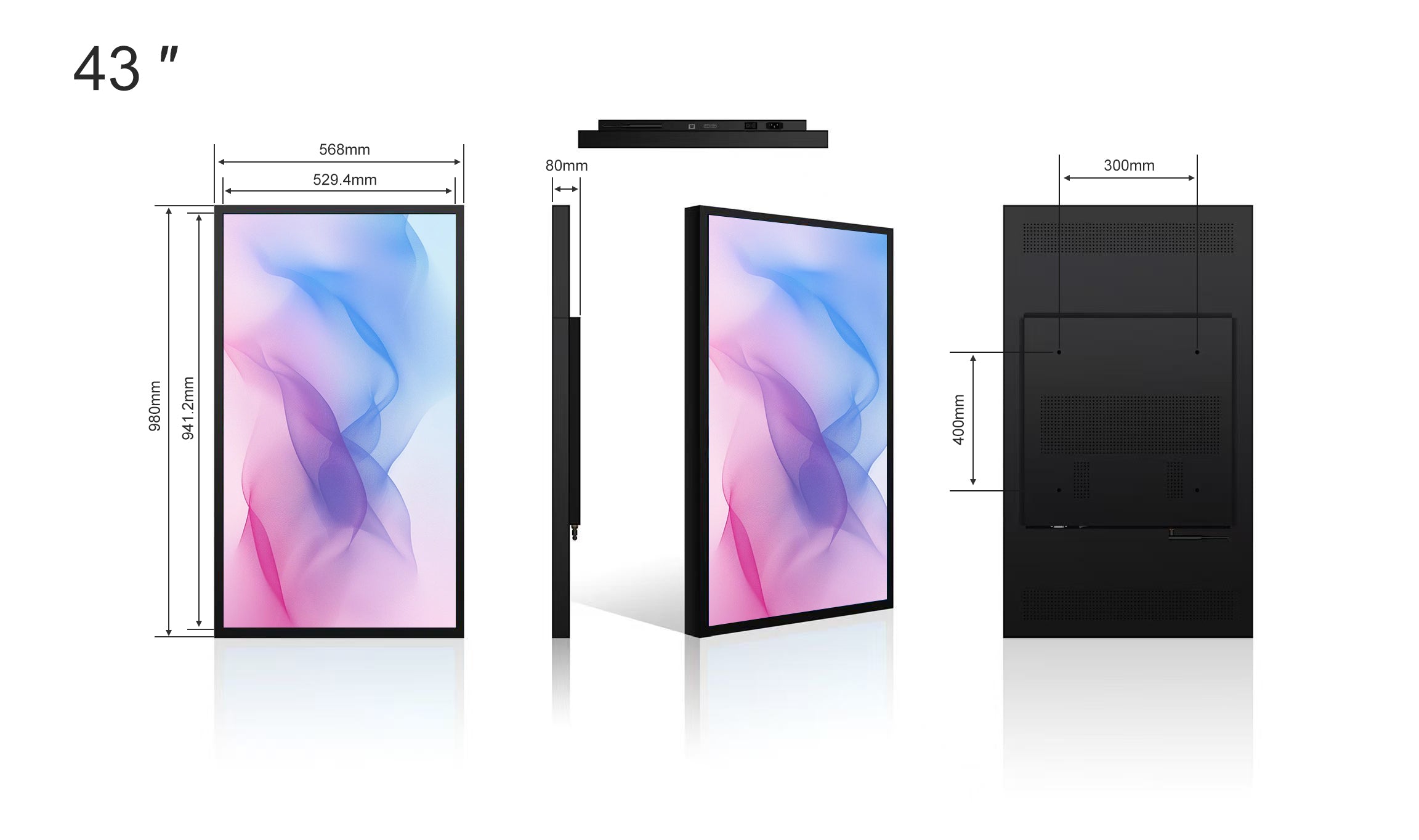 43" einseitiges 2500 Nits High Bright Window LCD Digital Signage, Android RK3568 2G+32G, ohne Touch, Cloud/APP/USB, Wandmontage/Bodenständer/Hängemontage