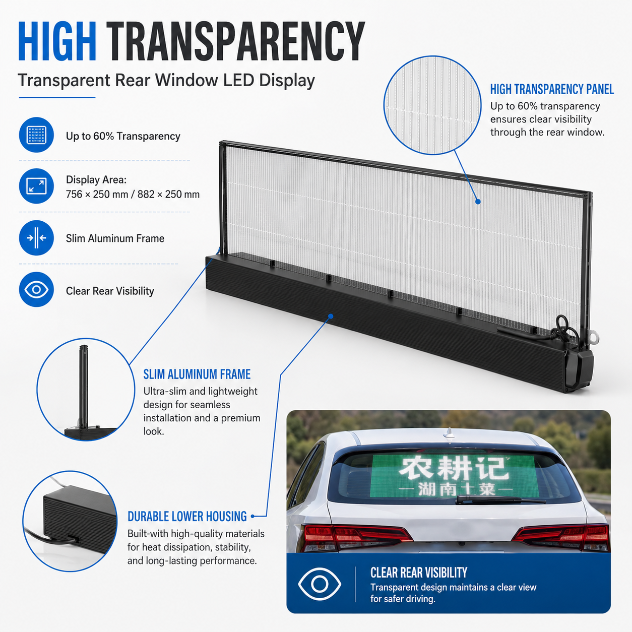 Taxi & Car Rear Window Transparent LED Display Panel High Brightness, Vehicle-Grade, Network Cluster Control