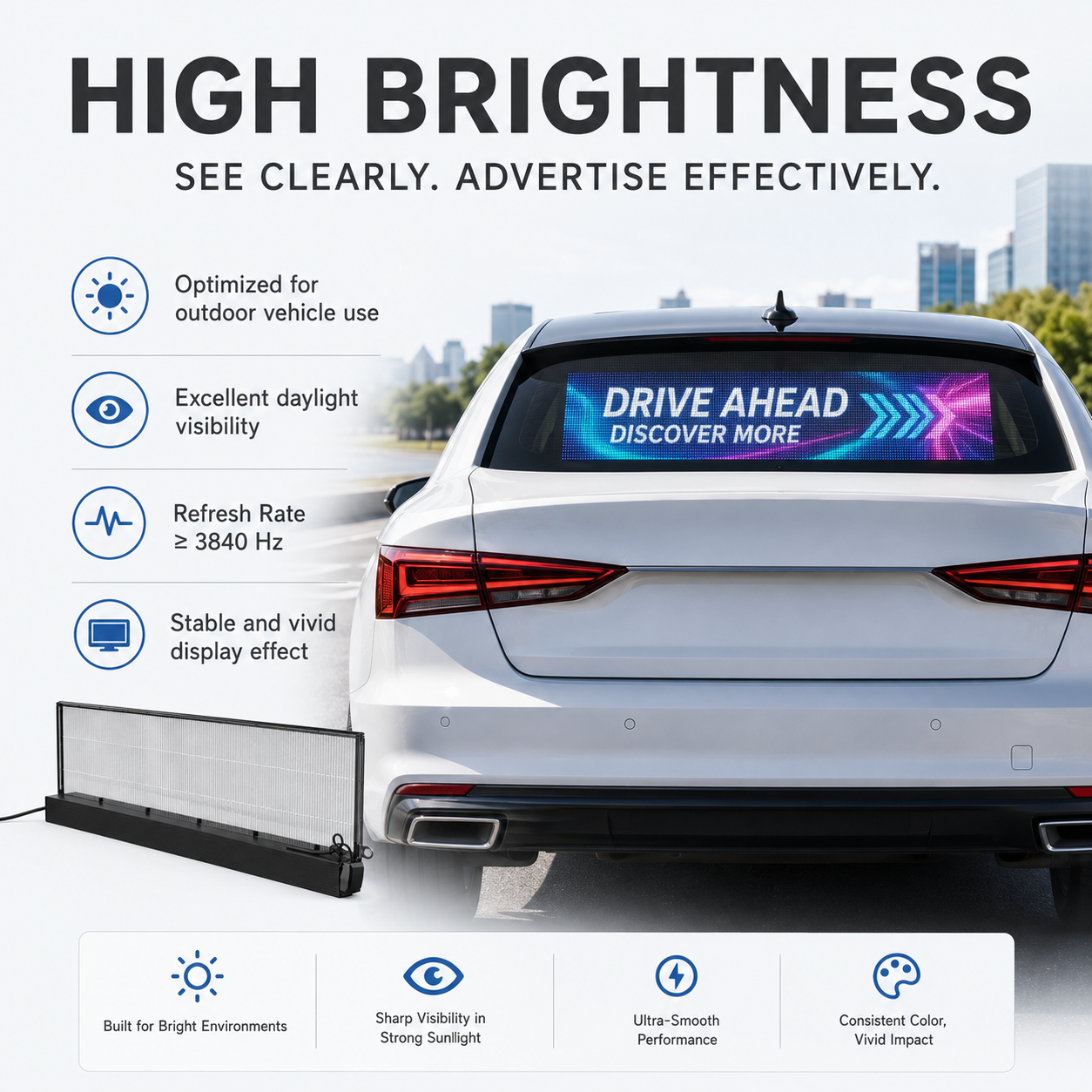 Taxi & Car Rear Window Transparent LED Display Panel High Brightness, Vehicle-Grade, Network Cluster Control
