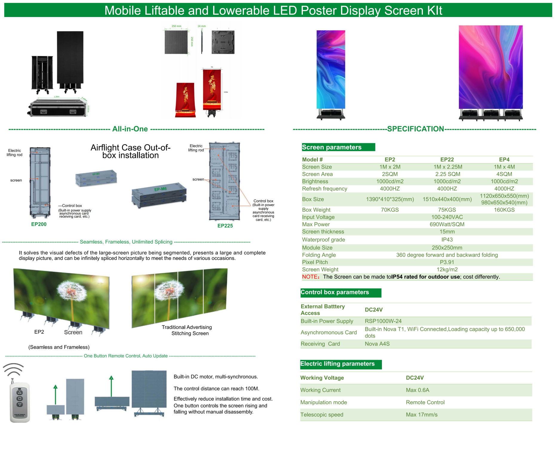 EP-M Series Foldable LED Poster | 1×2.25m All-in-One Rolling Case | P3.9mm Indoor | Remote Liftable LED Display Kit