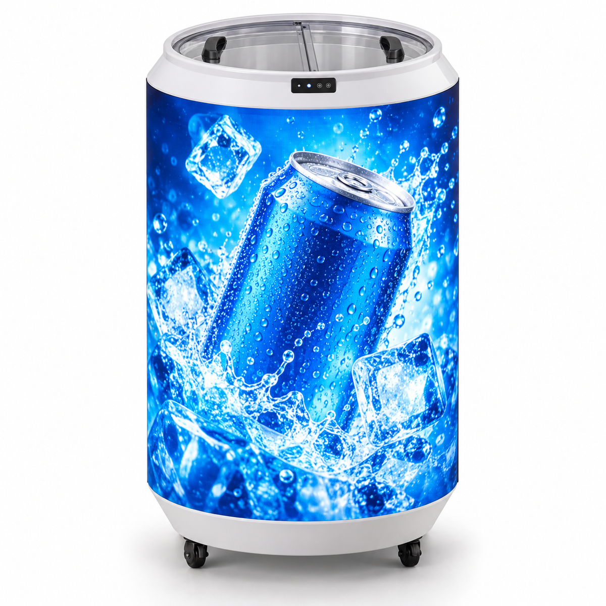 Indoor Drink Can Cooler with Cylindrical LED Display – P1.86 GOB Digital Advertising Screen, Built-In Beverage Refrigerator, 3840Hz