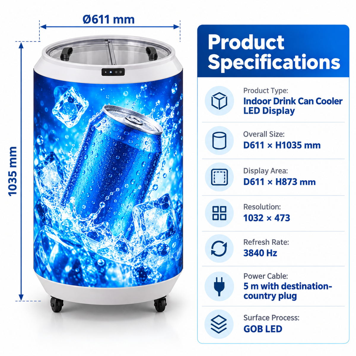 Indoor Drink Can Cooler with Cylindrical LED Display – P1.86 GOB Digital Advertising Screen, Built-In Beverage Refrigerator, 3840Hz