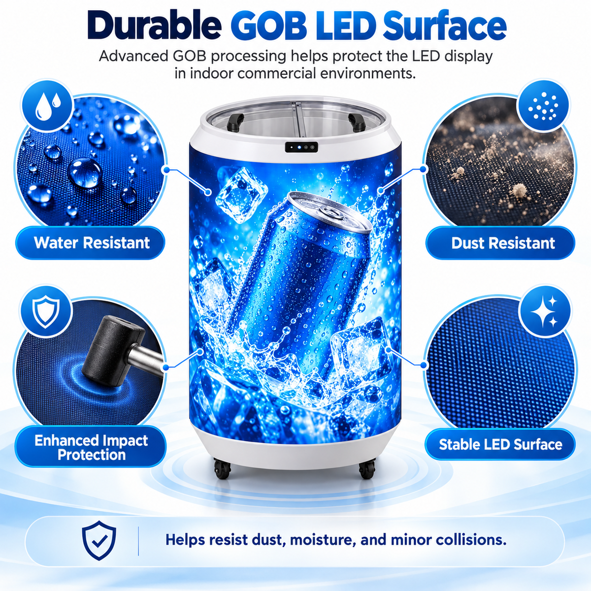 Indoor Drink Can Cooler with Cylindrical LED Display – P1.86 GOB Digital Advertising Screen, Built-In Beverage Refrigerator, 3840Hz