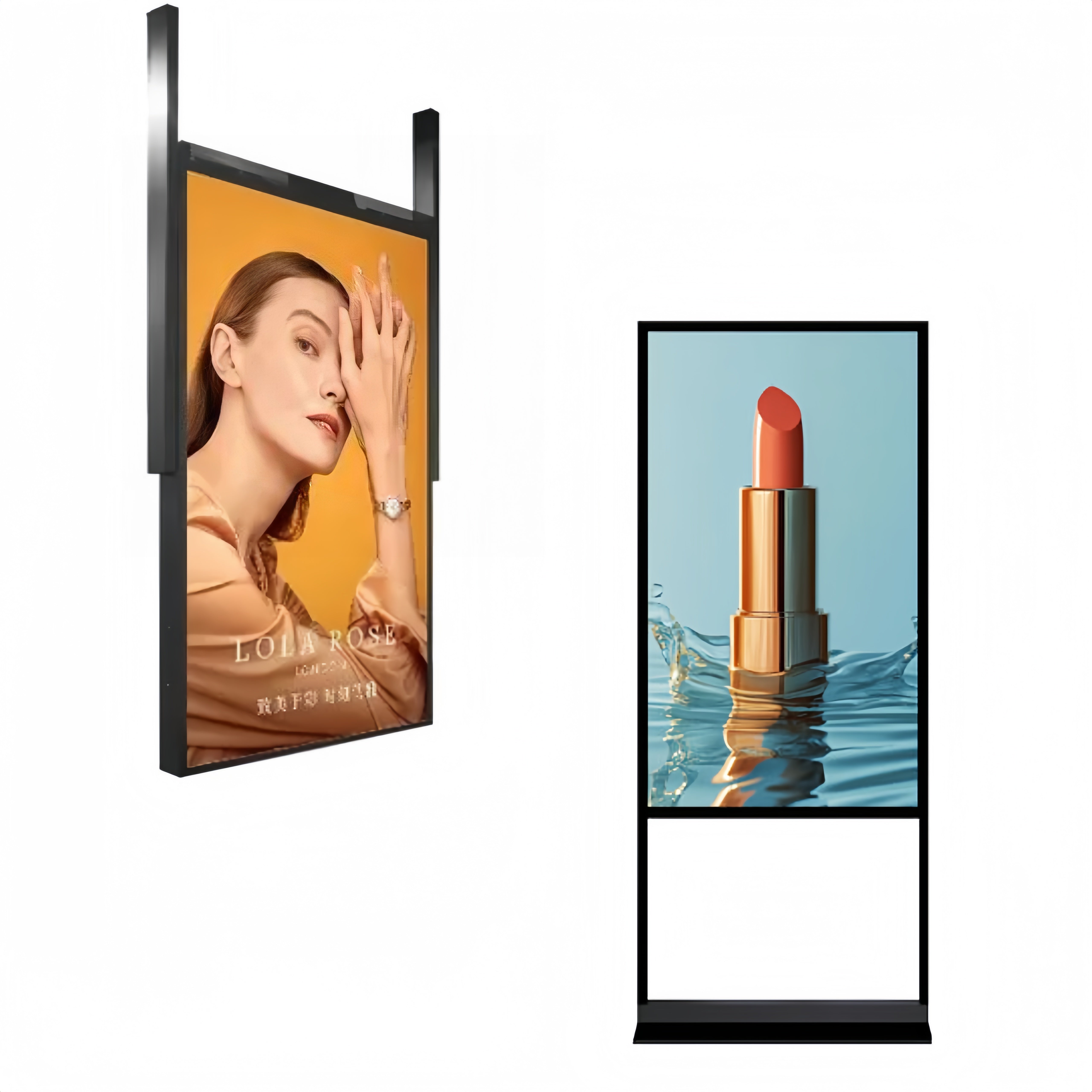 65" doppelseitiges, hochhelles Fenster-LCD-Display, 2500 Nits vorne + 700 Nits hinten, Android 2+32G, ohne Touch, Cloud/APP/USB, Hänge-/Bodenständer