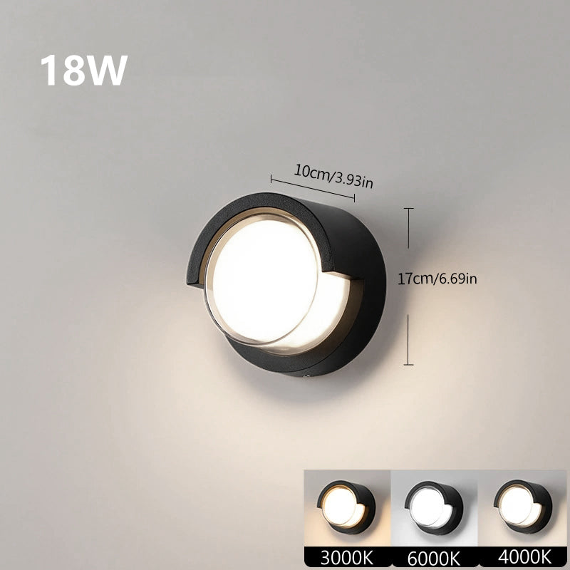Round Halo Waterproof LED Wall Light – 18W | 3000K / 4000K / 6000K |  Black Housing | Up & Down Outdoor Wall Sconce for Porch, Garden, Balcony & Indoor Decoration | Aluminum Housing | IP65 | 2-Pack
