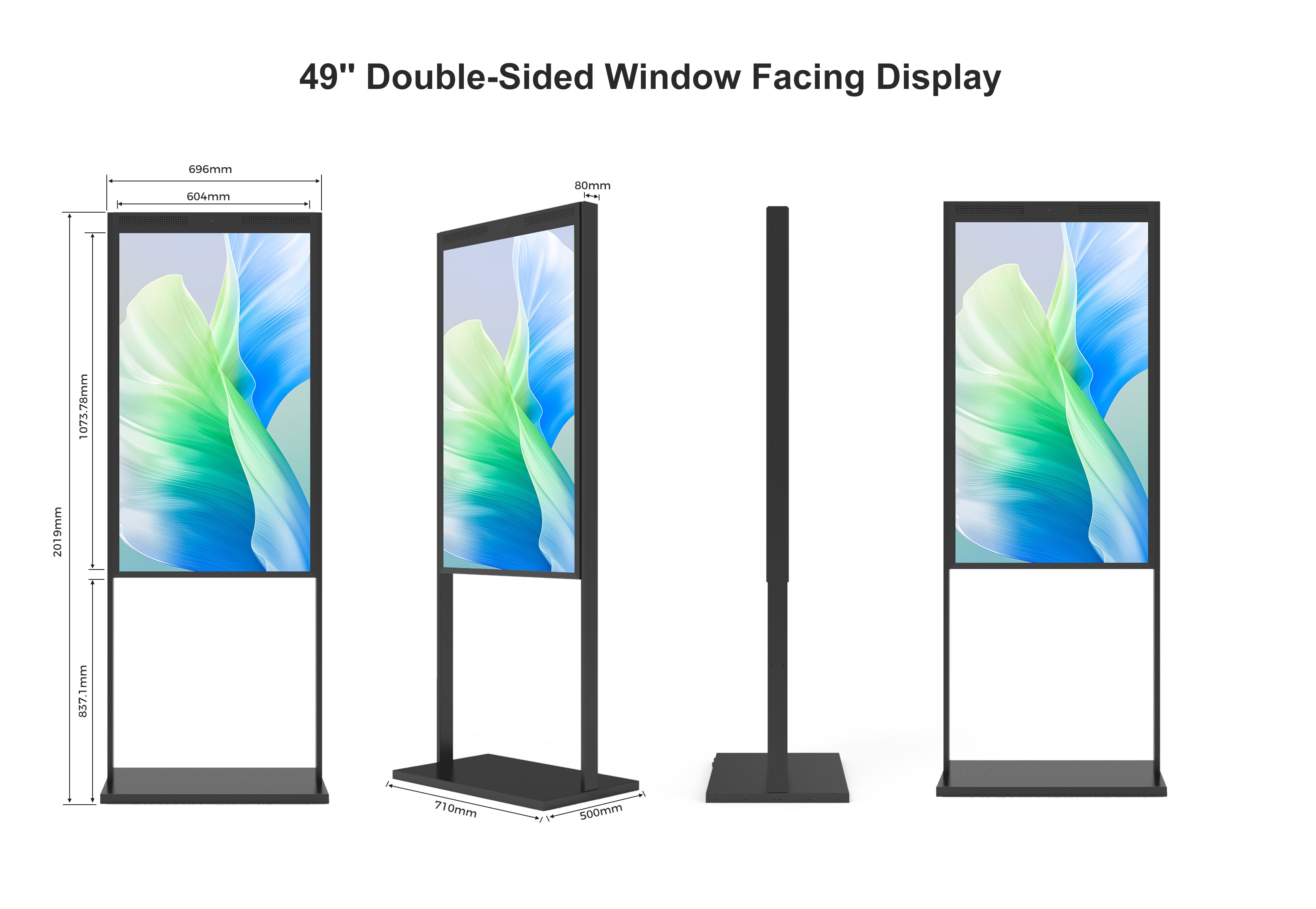49" doppelseitiges, hochhelles Fenster-LCD-Display, 2500 Nits vorne + 700 Nits hinten, Android 2+32G, ohne Touch, Cloud/APP/USB, Hänge-/Bodenständer