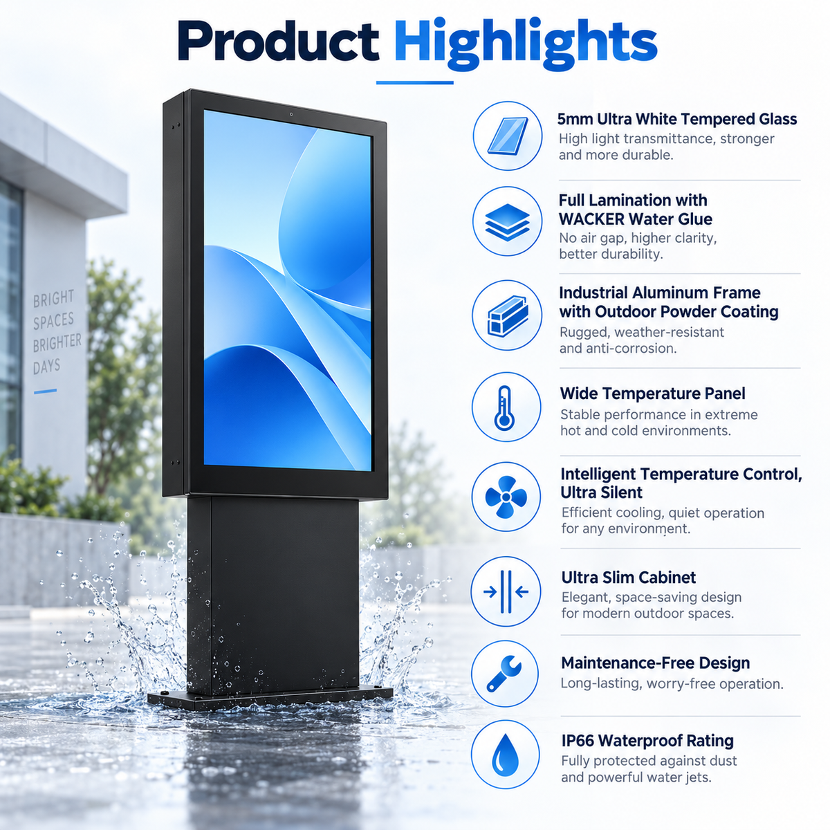 2500-Nit IP66 Outdoor High-Brightness LCD Digital Signage Display | Single Screen | 32–86 Inch | Optical Bonding | Wall-Mount or Floor-Standing | Optional Touchscreen