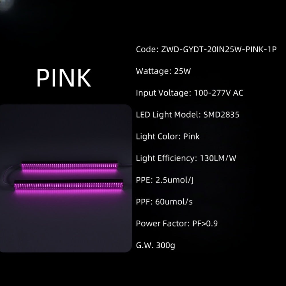 25W Full Spectrum LED Grow Light Bar, 20-Inch, 100–277VAC, 4000K / Sunlight 4-Band / Pink Spectrum Options, for Indoor Plants & Hydroponics