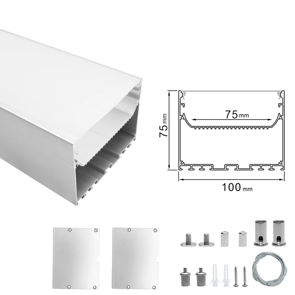 Wide Pendant LED Aluminum Channel H10075B – 75mm Inner Width | Silver | Milky White Cover | With Installation Accessories | – Suspension Mounting Linear Office Lighting – 1m / 2m | 10 / 20-Pack
