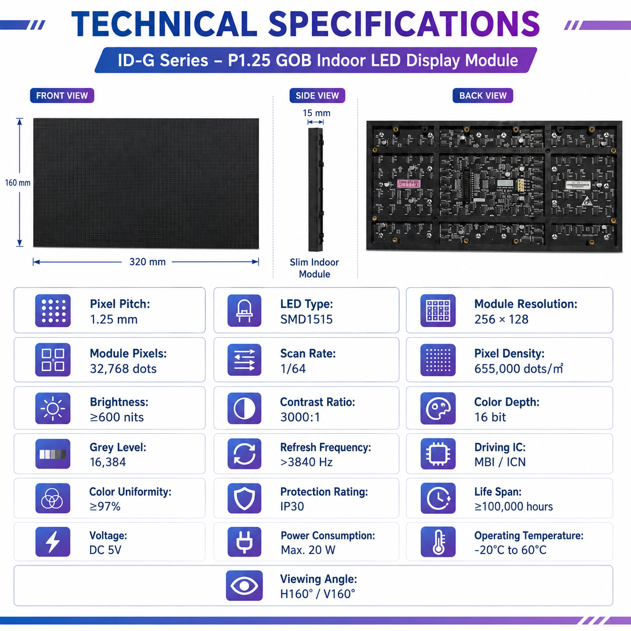 ID-G Series – P1.25 GOB Indoor LED Display Module | 320×160mm | 32,768 Pixels RGB Tile | High-Density Impact-Resistant Panel