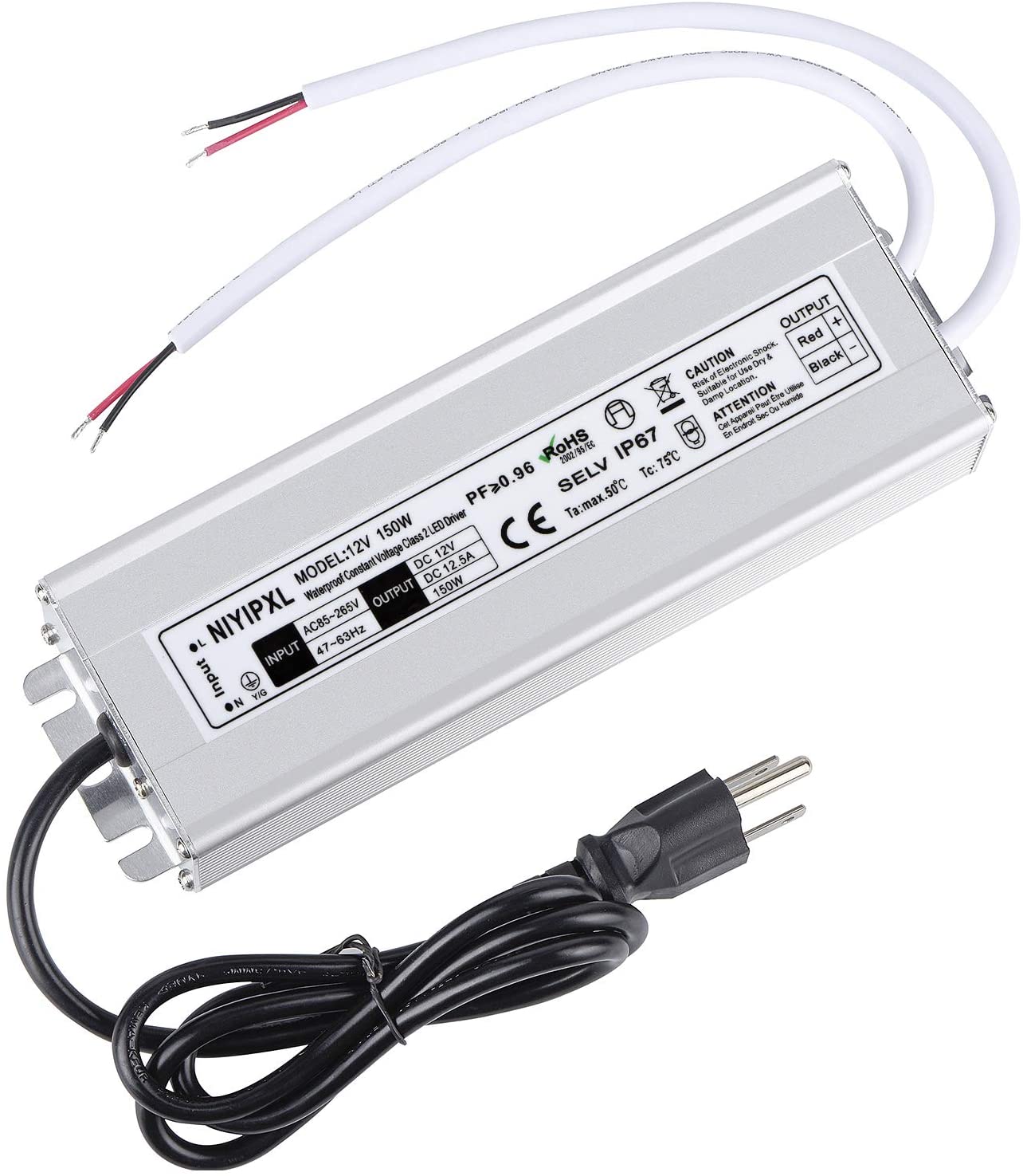 Waterproof IP67 LED Power Supply 110V 220V AC to 12V DC Driver Transformer 3-Prong Plug 3.3 Feet Cable