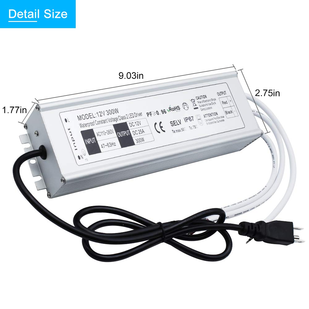 Waterproof IP67 LED Power Supply 110V 220V AC to 12V DC Driver Transformer 3-Prong Plug 3.3 Feet Cable