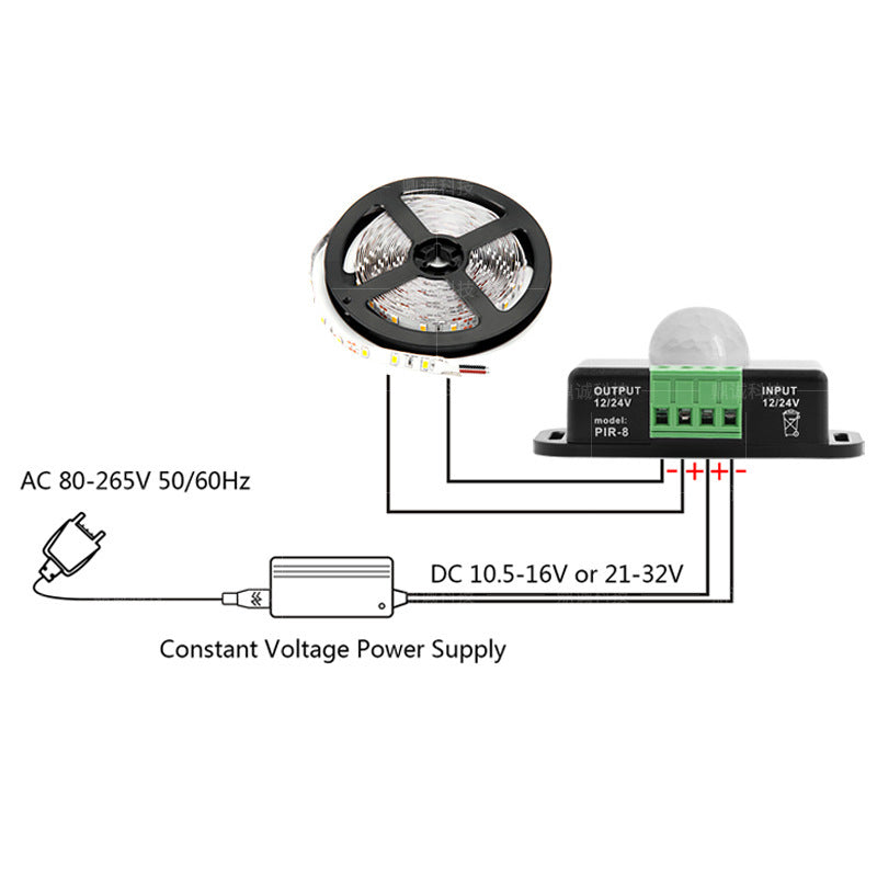 Détecteur de mouvement pour bande LED monochrome – DC12V-24V 6A | Contrôleur de détecteur de mouvement infrarouge PIR | Pour bandes LED