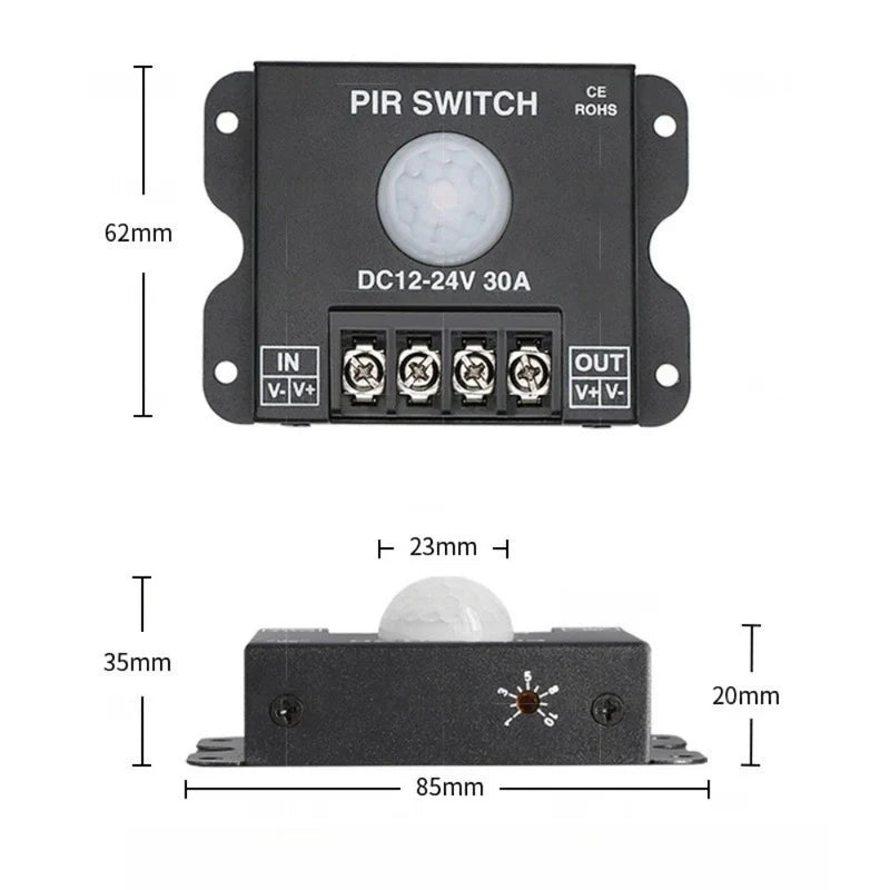 Single Color LED Strip Motion Sensor Switch – DC12V-24V 30A | PIR Infrared Motion Detector Controller | For LED Strips