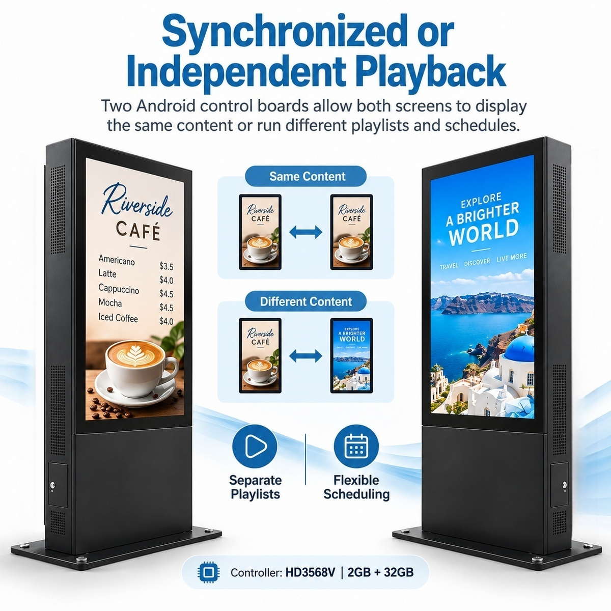Outdoor Dual-Sided LCD Digital Signage – Back-to-Back Floor-Standing Display, 2500 Nits, IP66 Waterproof, Full Optical Bonding, 43"/55"/65"
